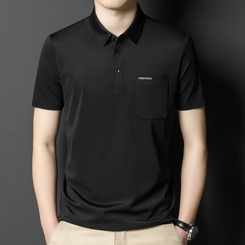 

Short-Sleeved T-shirt Men's 2022 Classic Simple Elegant Silky Polo Shirt Real Pocket Loose Lapels Thin Top