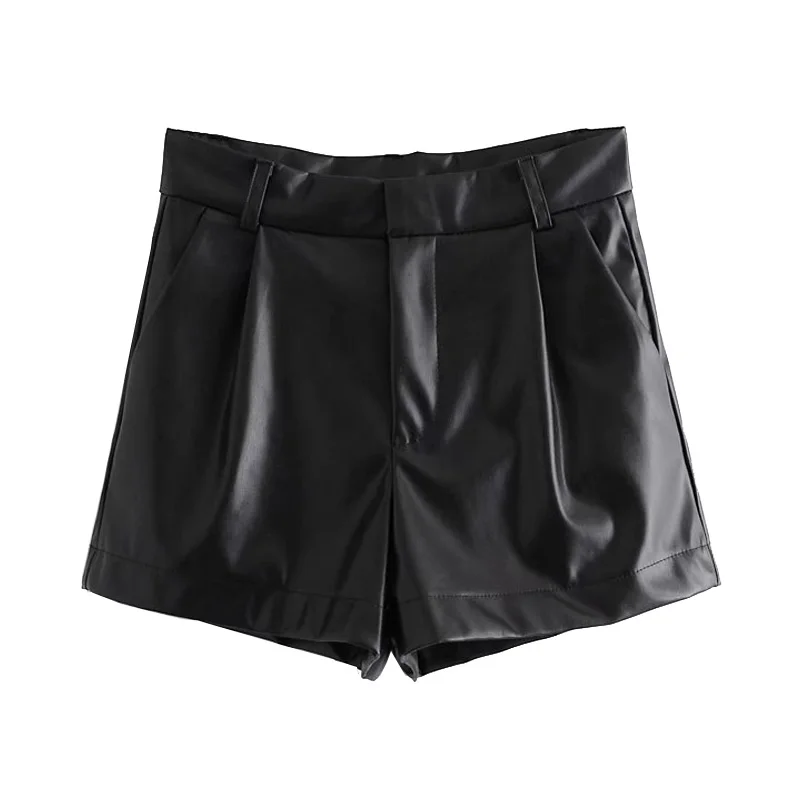 TRAF Women Chic Fashion Side Pockets Faux Leather Shorts Vintage High Waist Zipper Fly Female Short Pants Mujer Casual Shorts
