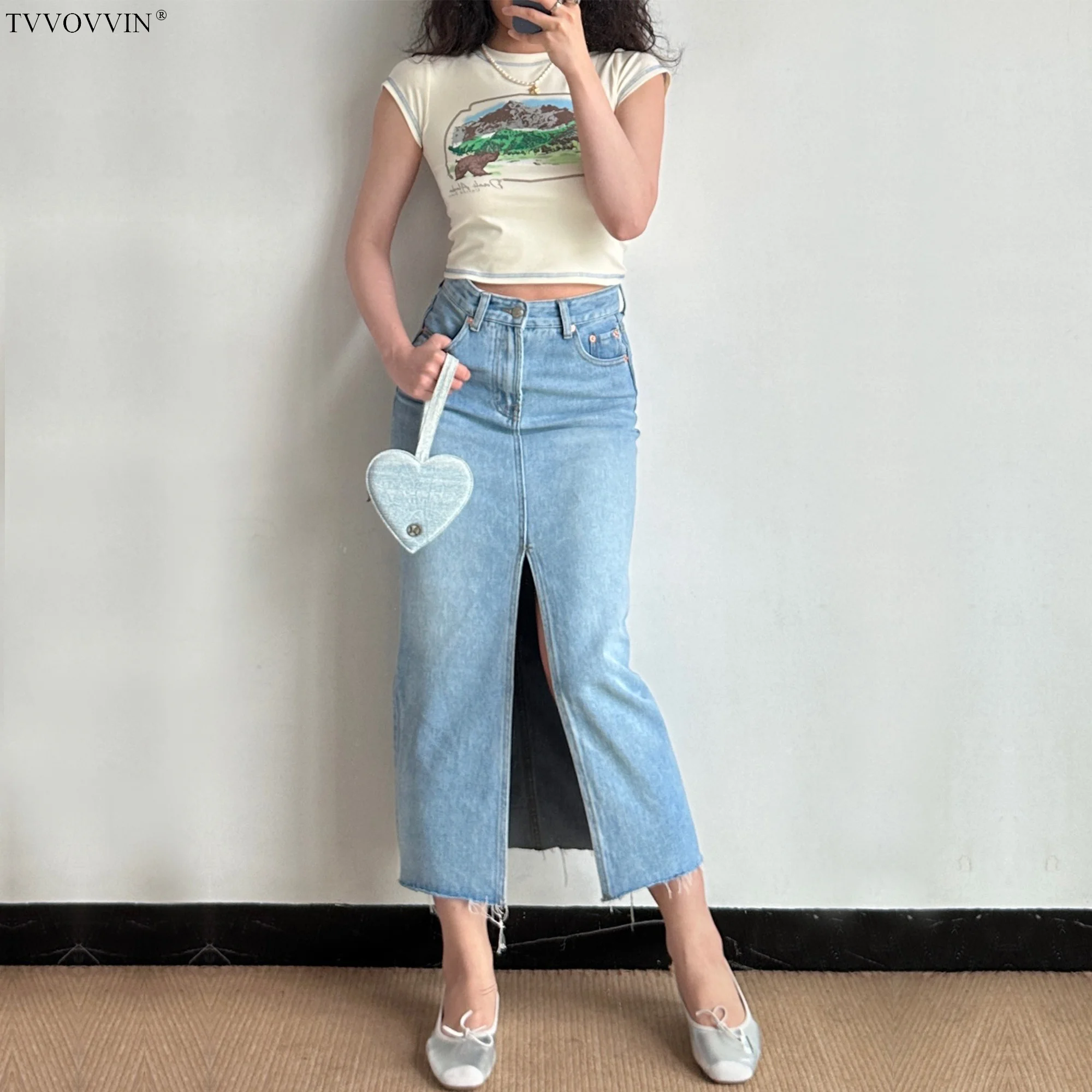 

TVVOVVIN Fashionable Front Split Fur Edge Denim Half Skirt Women's Summer High Waist Sexy Wash Straight Tube Skirt COCD