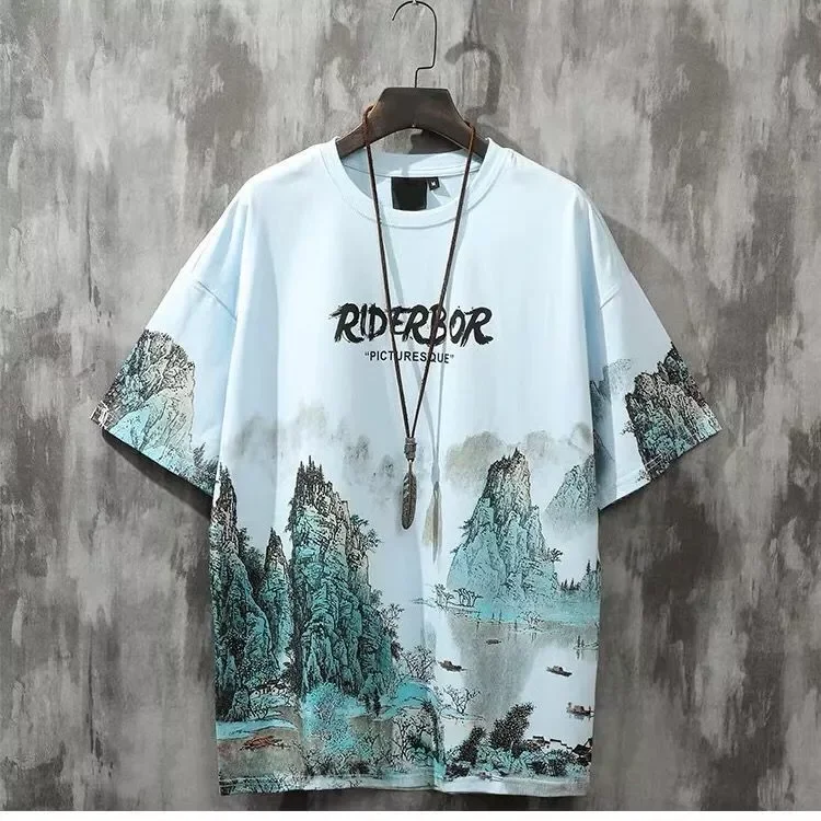 

National landscape printing T-shirt men's tide summer loose trend Chinese style couples half-sleeved Harajuku Hip Hop clothi