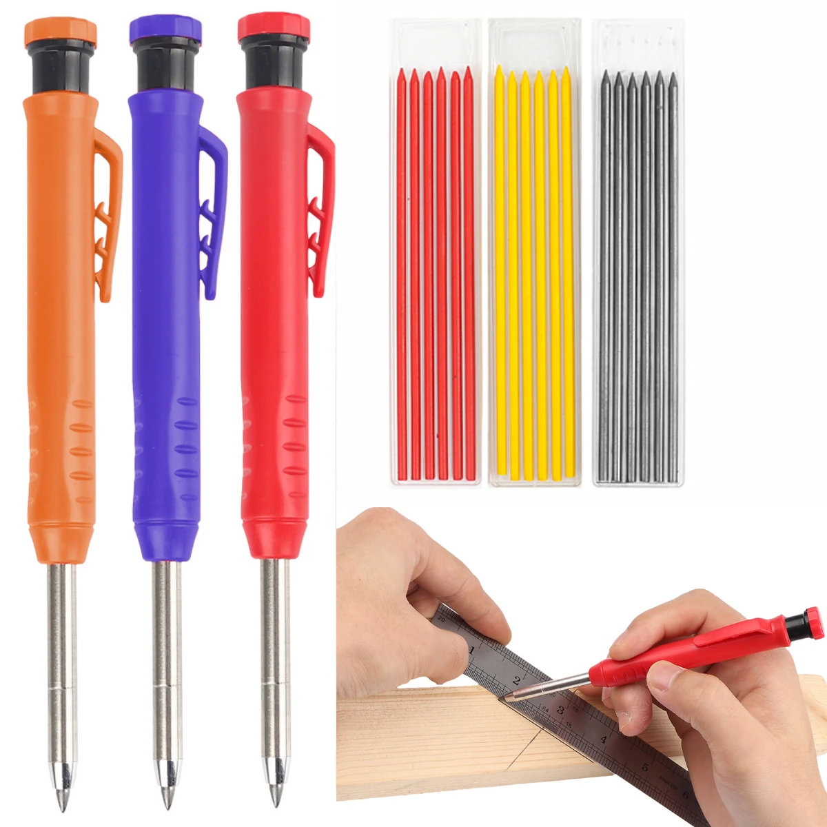 

Carpenter Pencils With Gray Yellow Refill Deep Hole Mechanical Marker Pen Woodworking Marking Scribe Tool
