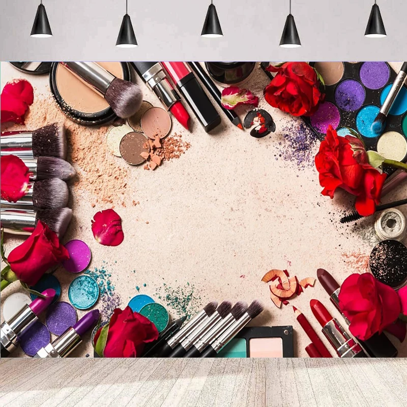 Инструменты для макияжа фон фотосъемки красная роза кисти теней век