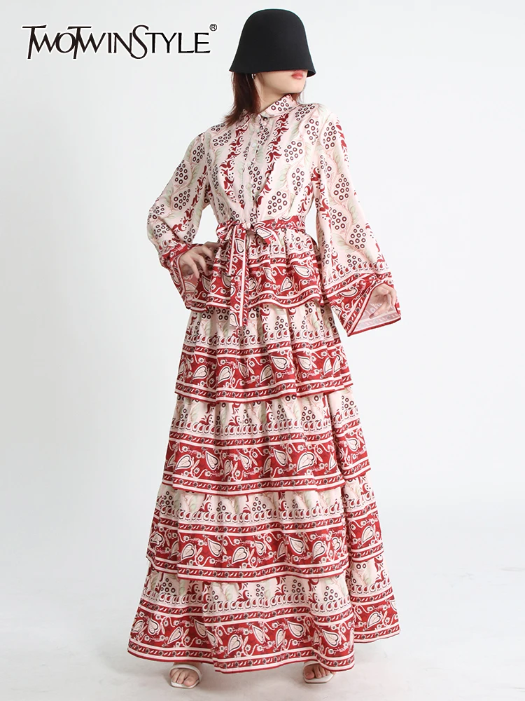 

Женское винтажное платье TWOTWINSTYLE, разноцветное платье средней длины с отложным воротником, длинным рукавом и высокой талией, 2022