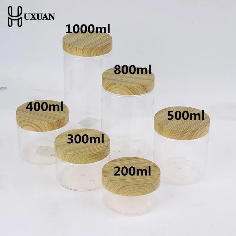 100/200/300/400/500/800/1000ml Empty Clear Pet Jars Container With Plastic Imitation Wood Lid Transparent Plastic Storage Bottle