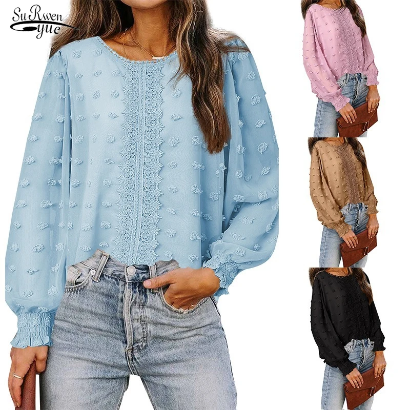 

2022 Spring Summer New Sweet Tops Jacquard Long Sleeve Casual Loose Fashion Blouse O-neck Lace Stitching Chiffon Shirt 18995