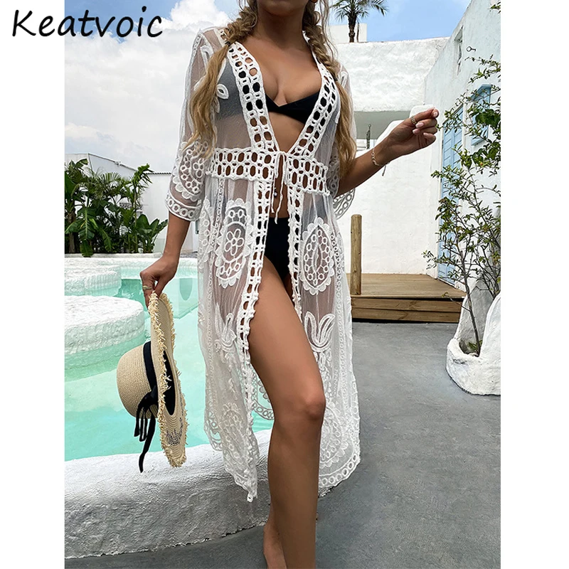 Keatvoic 2022 Новая Пляжная накидка для женщин белая на бикини Кружевная туника парео