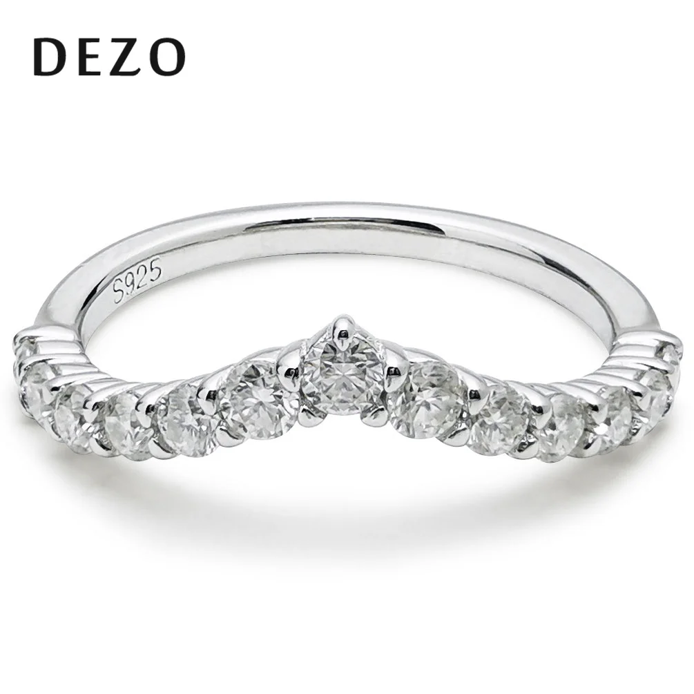 DEZO Moissanite Wedding Band Solid 925 Sterling Silver V Curved Half Eternity Band Rings For Women Fashion Stacking
