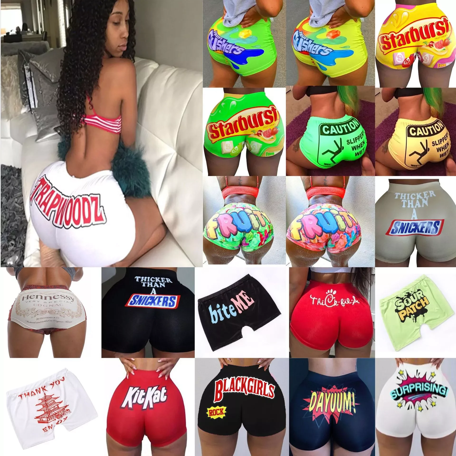 

2022New Print High Waist Skinny Shorts Mini Short Gushers Snack Booty Shorts For Women Wholesale Vintage Harajuku Biker Shorts