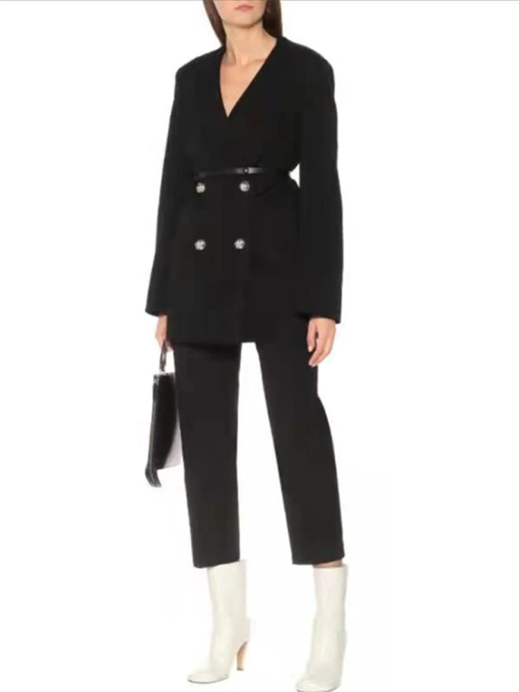 

Women Wool V-Neck Blazer Coat 2022 New Ladies Long Sleeve Slim Waist With Leather Belt Jacket Female Double-Breasetd Outwear Top