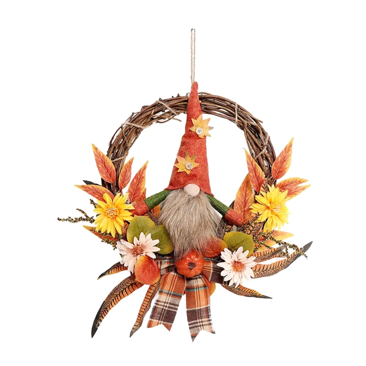 

Fall Wreath Artificial Autumn Front Doors Wreath with Plush Gnome Pumpkin Flower Maple Leaves Harvest Handmade Wreath