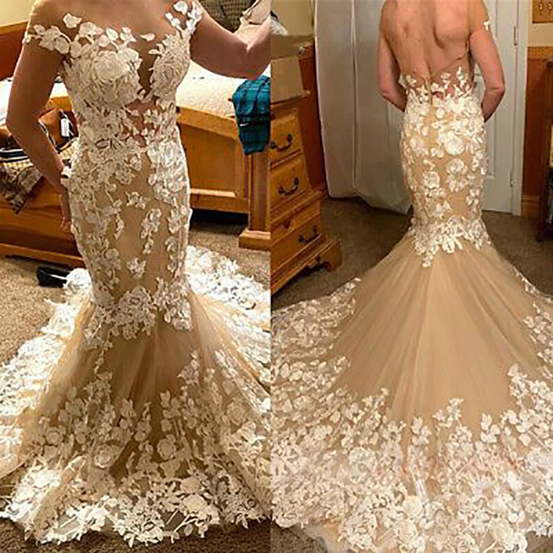 

Женское свадебное платье-русалка, элегантное платье цвета шампанского с рукавом-крылышком и открытой спиной, со шлейфом, свадебное платье в...