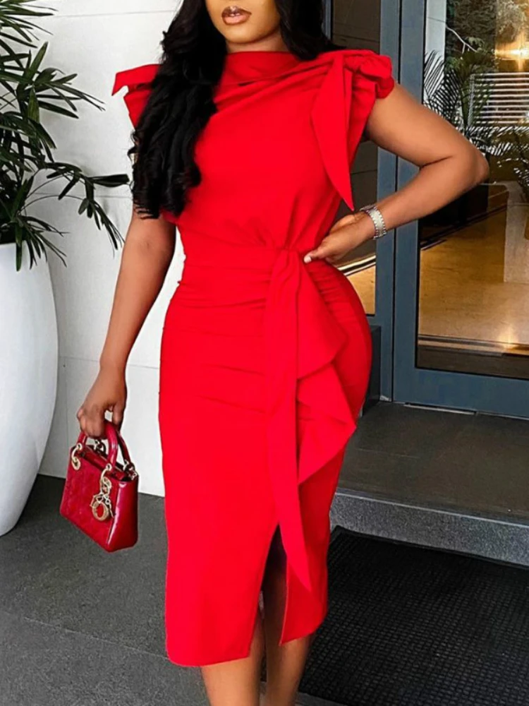 

Women Red Dresses Bodycon Ruffles Short Sleeves Split Sexy Party Fashion Event Celebrate Vestidos New Female Clubwear 2022 Robes