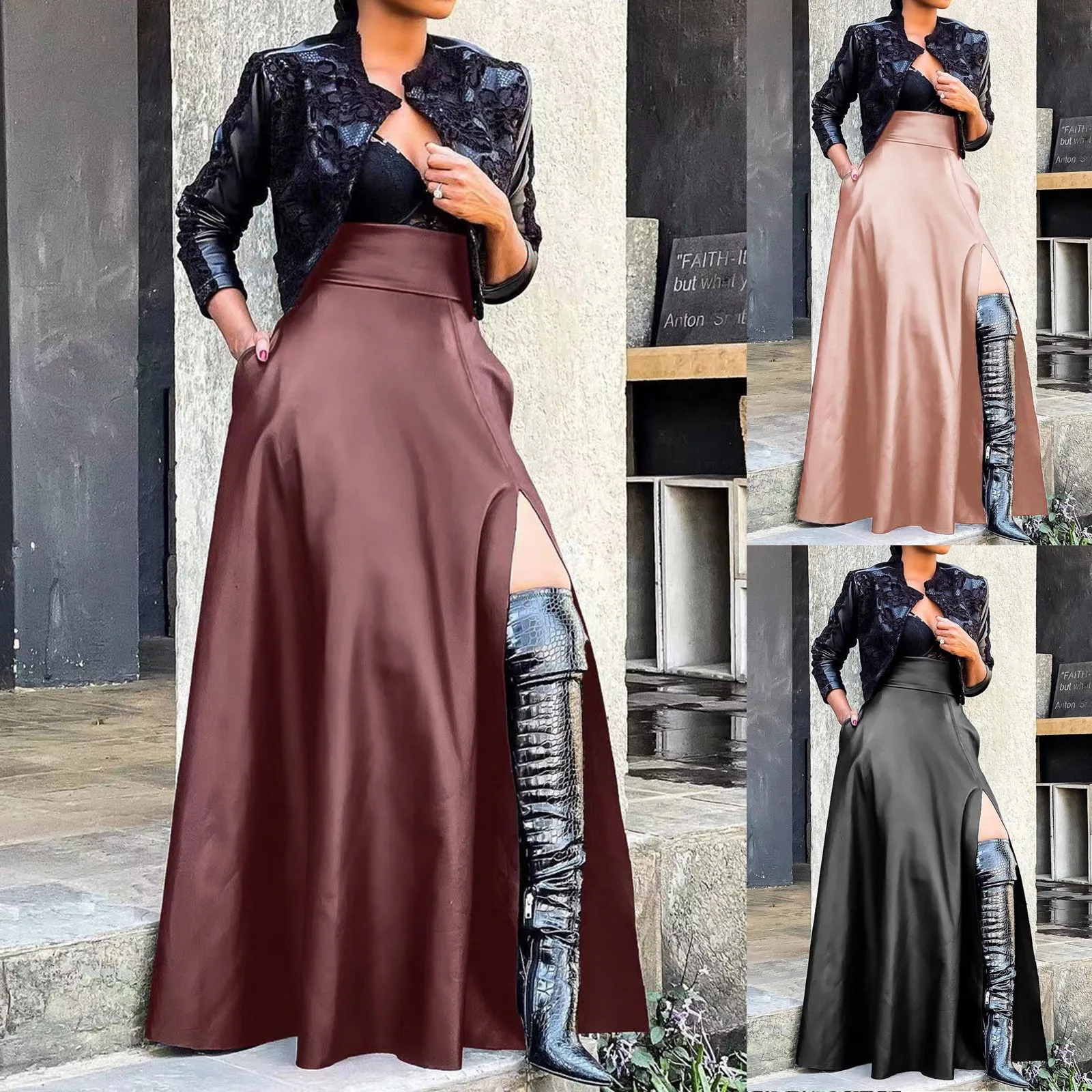 

Woman New Sexy Leather Clothes High Split Irregular Skirt Leather Skirt Mini Skirts