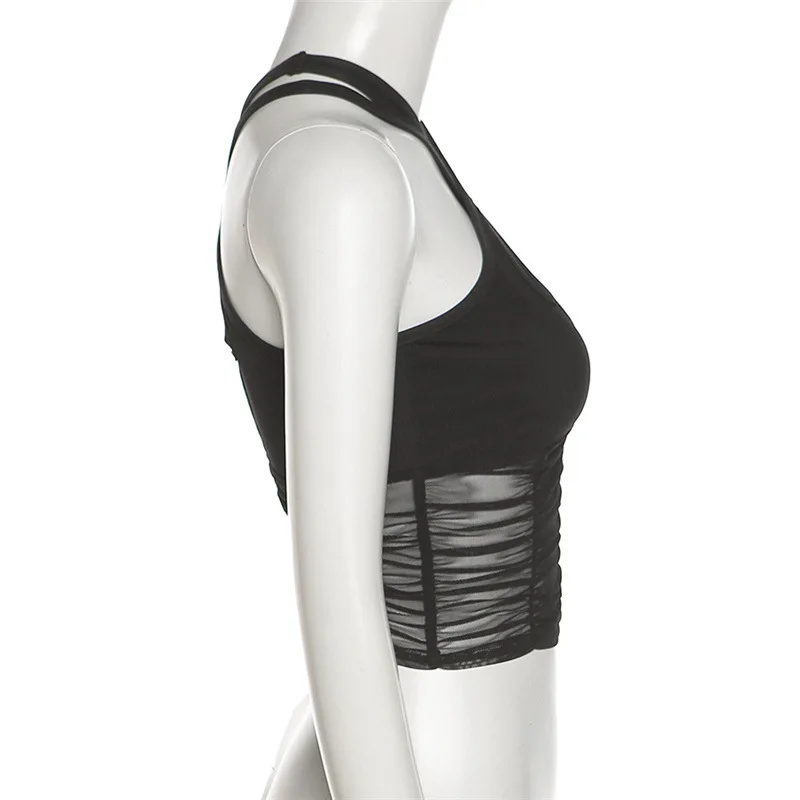 

Fashion Black Sexy Crop Top Women Mesh Ruched Skinny Tank Tops Club Party Vest Cut Out Criss-Cross Transparent Gothic