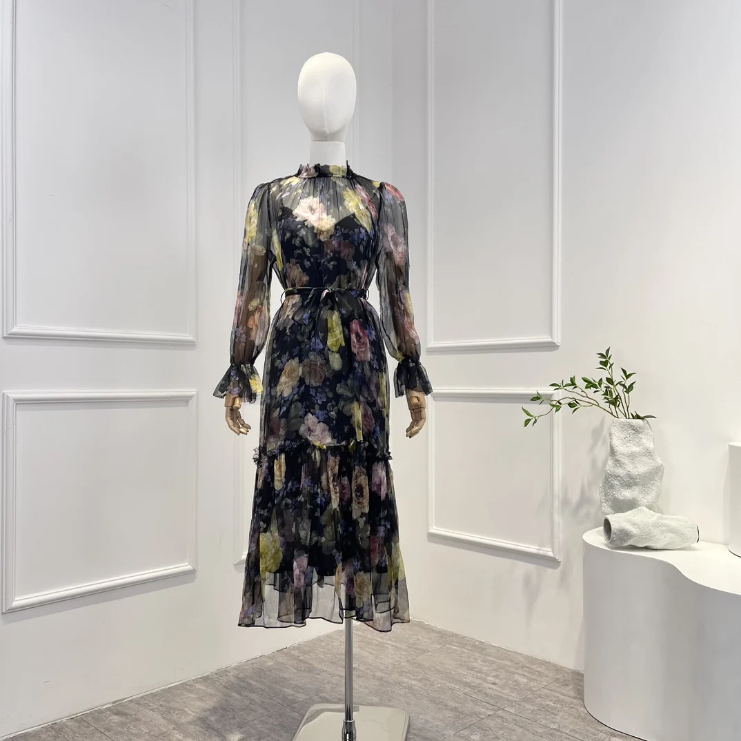 

New Spring Summer Top Quality 2023 Vintage Linen Black Floral Printing Long Flare Sleeve Midi Dress for Woman