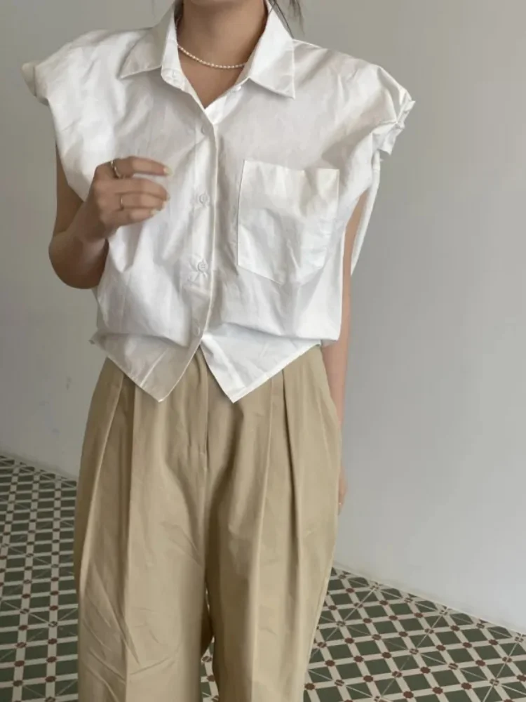 

Women's White Sleeveless Polo Shirt Summer New Fashion Style Temperament Female Loose Single Breasted Thin Black T-shirt