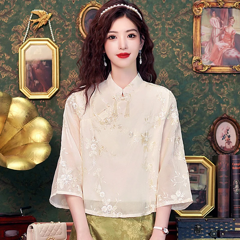Модная женская блузка в китайском стиле с цветочной вышивкой абрикосового цвета