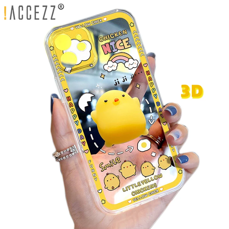 

!ACCEZZ Casing for iPhone 13 12 11 pro max X XS XR 7/8 Plus 6 6s 3D Cartoon Little Yellow Chicken Doll Transparent Phone Case