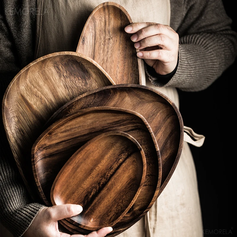 

Natural Whole Wood Acacia Irregular Oval Solid Wood Pan Plate Fruit Dishes Saucer Tray Dessert Dinner Good Quality Tableware Set