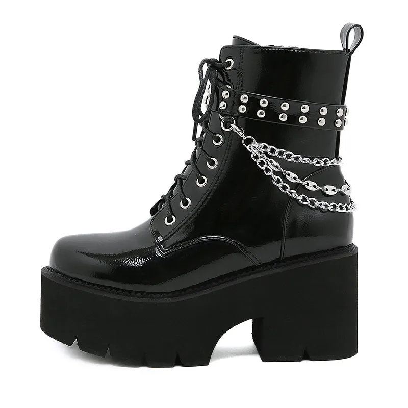 

new arrival women luxury fashion stage nightclub footwear high heels chunky boots patent leather shoes platform boot ankle botas