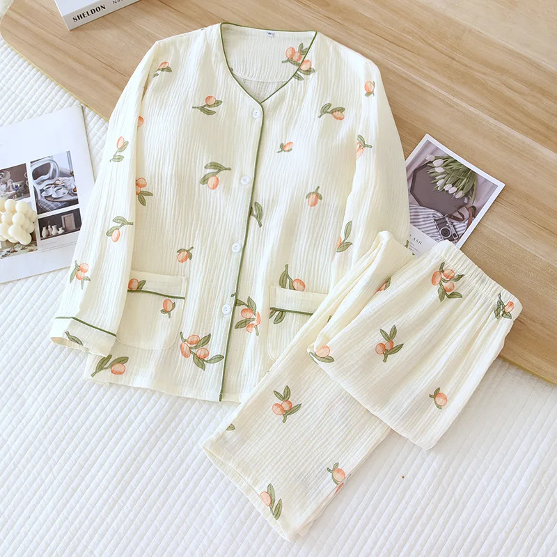 Pajamas for Women with Chest Pads Detachable Spring and Autumn V-neck Pure Cotton Sweet Suit Long-sleeved Home Two Pieces Set