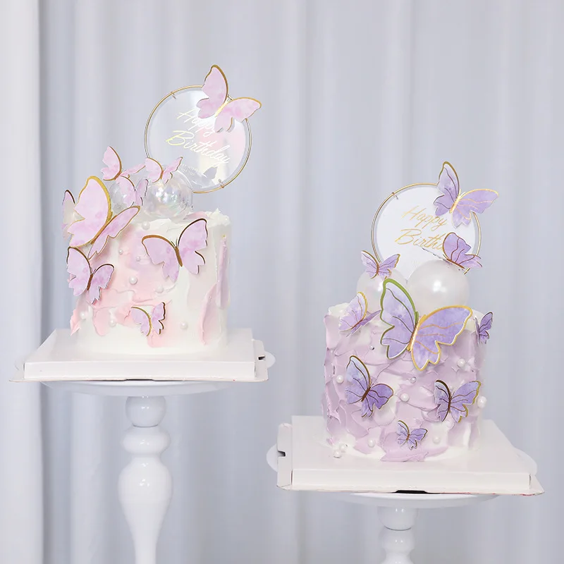 

Purple Pink Butterfly Cake Decoration Happy Birthday Cake Topper Handmade Painted for Wedding Birthday Party Baby Shower