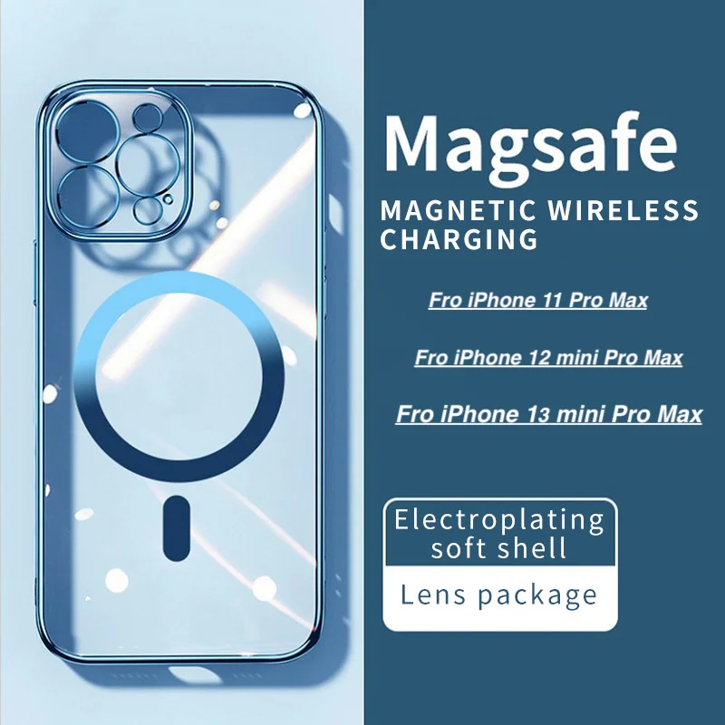 

Transparent Silicone Magnet Case for iPhone 13 12 11 Pro Max 11Pro 12 Mini 13Pro Wireless Charger Magsafing Electroplate Cover