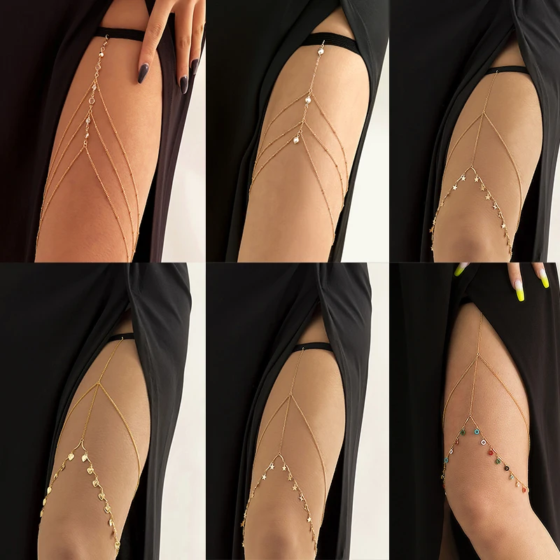 IngeSight.Z Sexy Elastic Multilayer Leg Chain for Women 2022 Summer Beach Boho Tassel Zircon Long Thigh Chain Party Body Jewelry