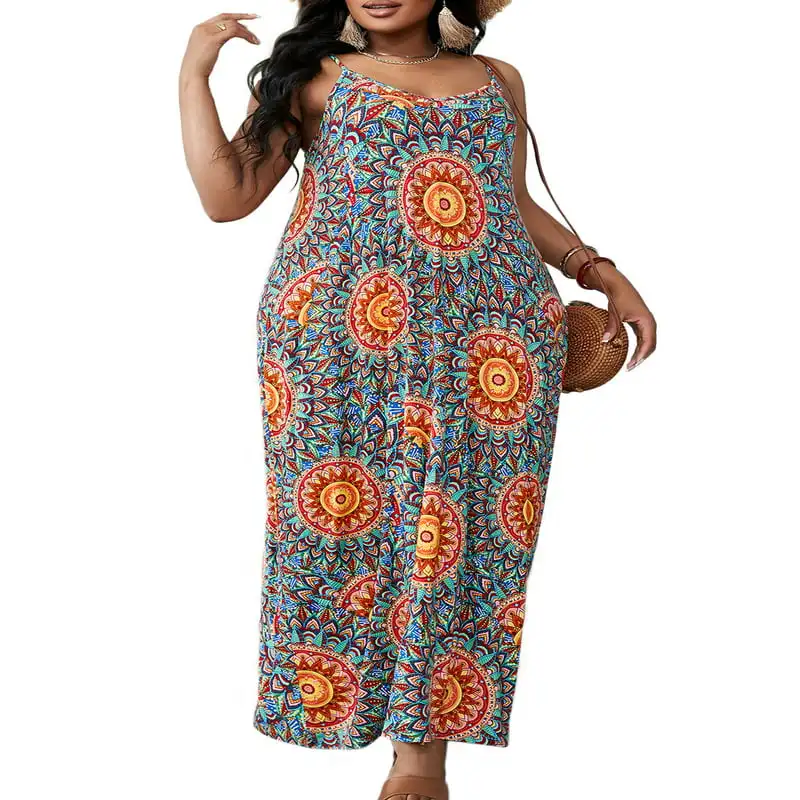 

Womens Summer Plus Size Boho Mandala Print Loose Casual V Neck Tunic Cami Dress, 0XL-4XL