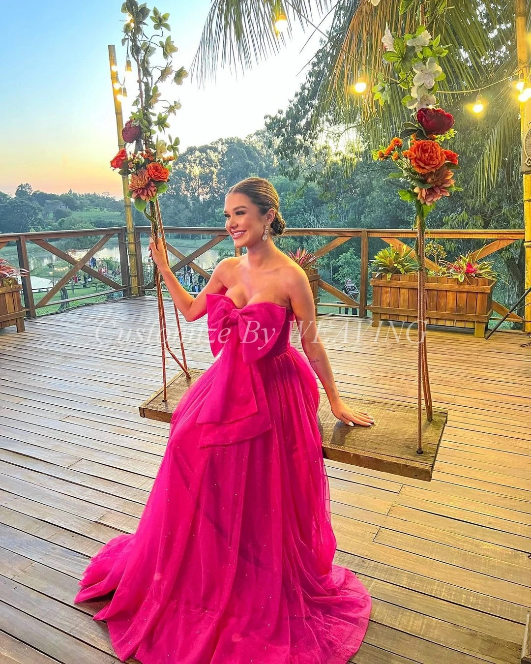 

Fuchsia Sparkly Tulle Long Prom Dresses Sweetheart Bow Floor Length Dubai Women Evening Party Dress