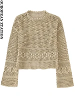 pailete women 2022 fashion crochet knit sweater vintage o neck long sleeve female pullovers chic tops