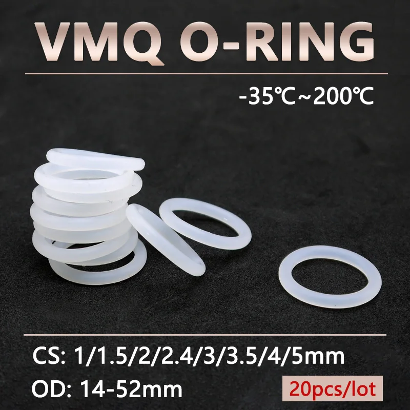 

20 шт. белое Силиконовое уплотнительное кольцо CS 1 1,5 2 2,4 3 3,5 4 5 мм OD 14-52 мм пищевой класс Водонепроницаемая шайба резиновая Изолированная уплотнительная прокладка VMQ