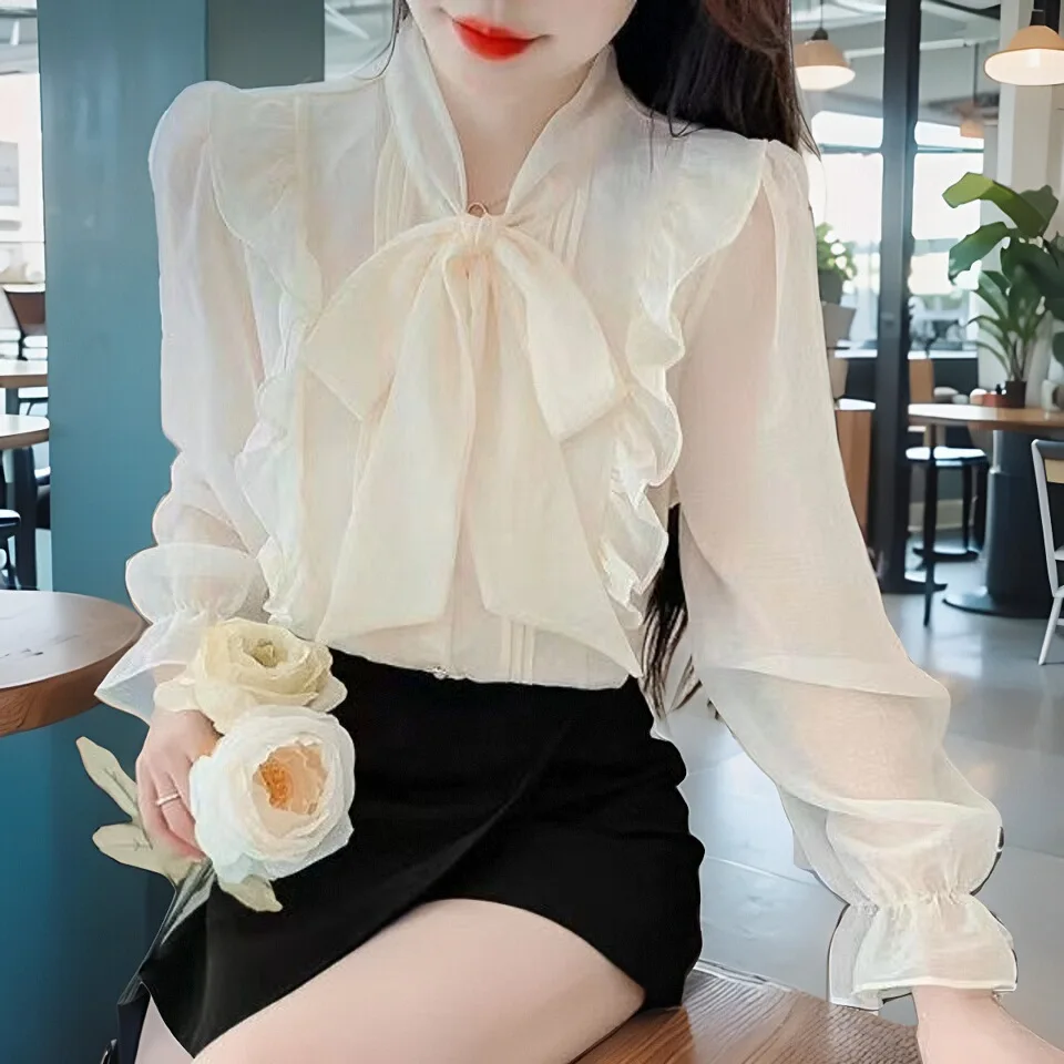 Женская Свободная шифоновая рубашка с оборками весна-осень 2024