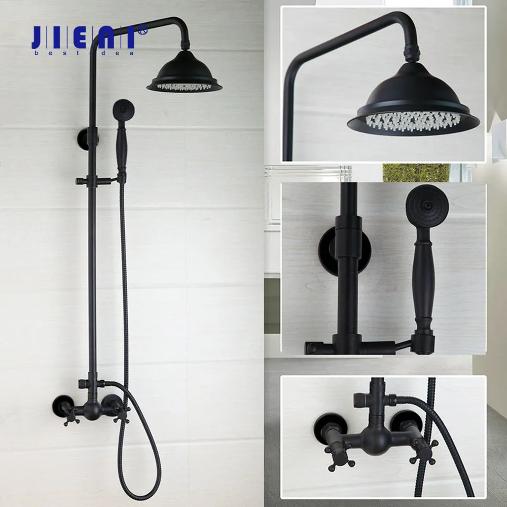 JIENI 8 Inch Matte Black Bath Shower Faucet Hand Spray Hose Rainfall Shower Head Bathtub 3 Ways Control Shower Set Mixer Faucet