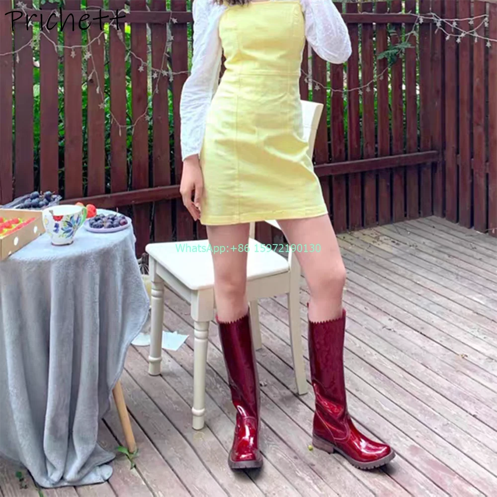 Женские сапоги до колена однотонные бордовые круглый носок квадратный каблук