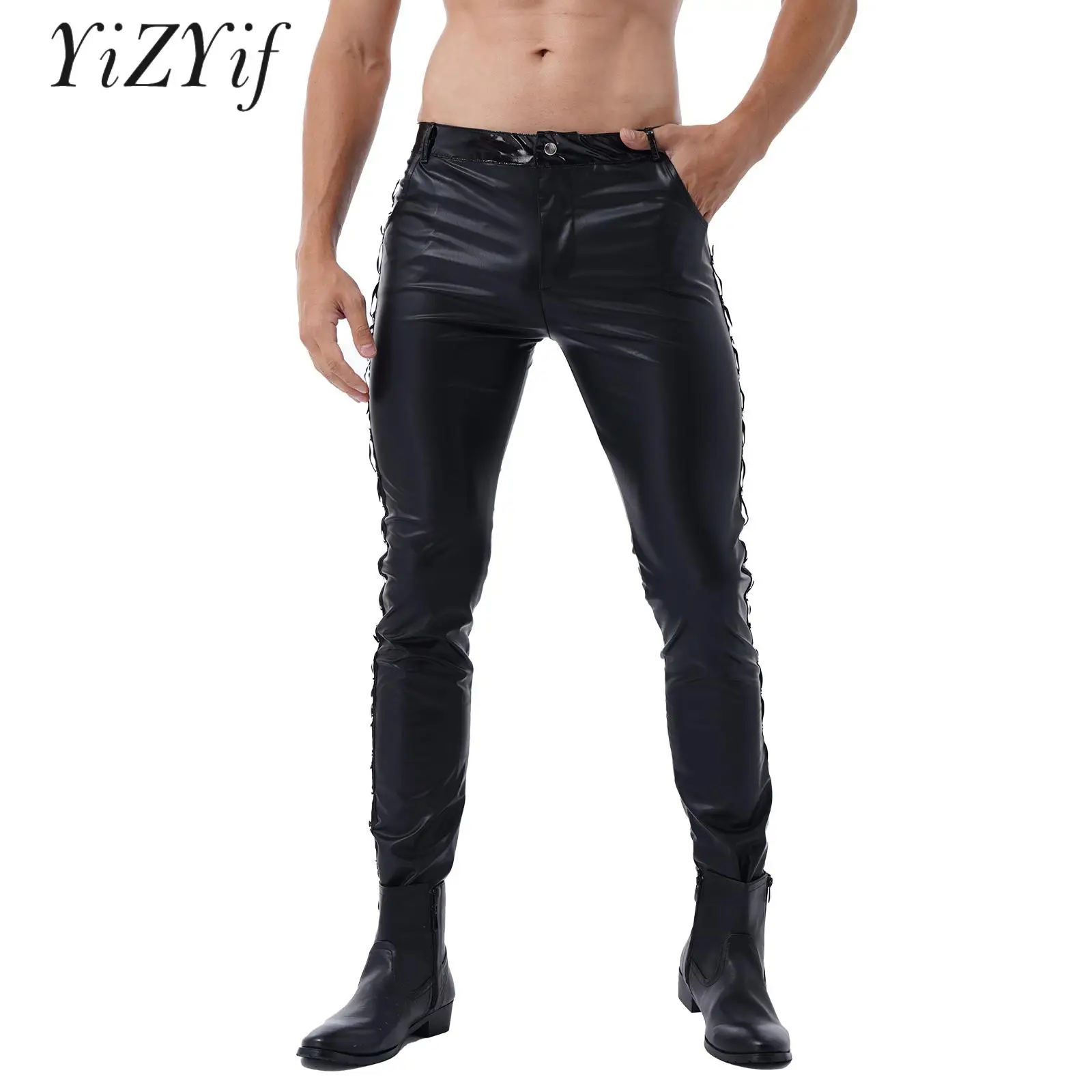 

Mens Sexy Faux Leather Pants Low Waist Gothic Punk Wet Look Motor Biker Tights Trousers Clubwear Leggings Rock Band Performance