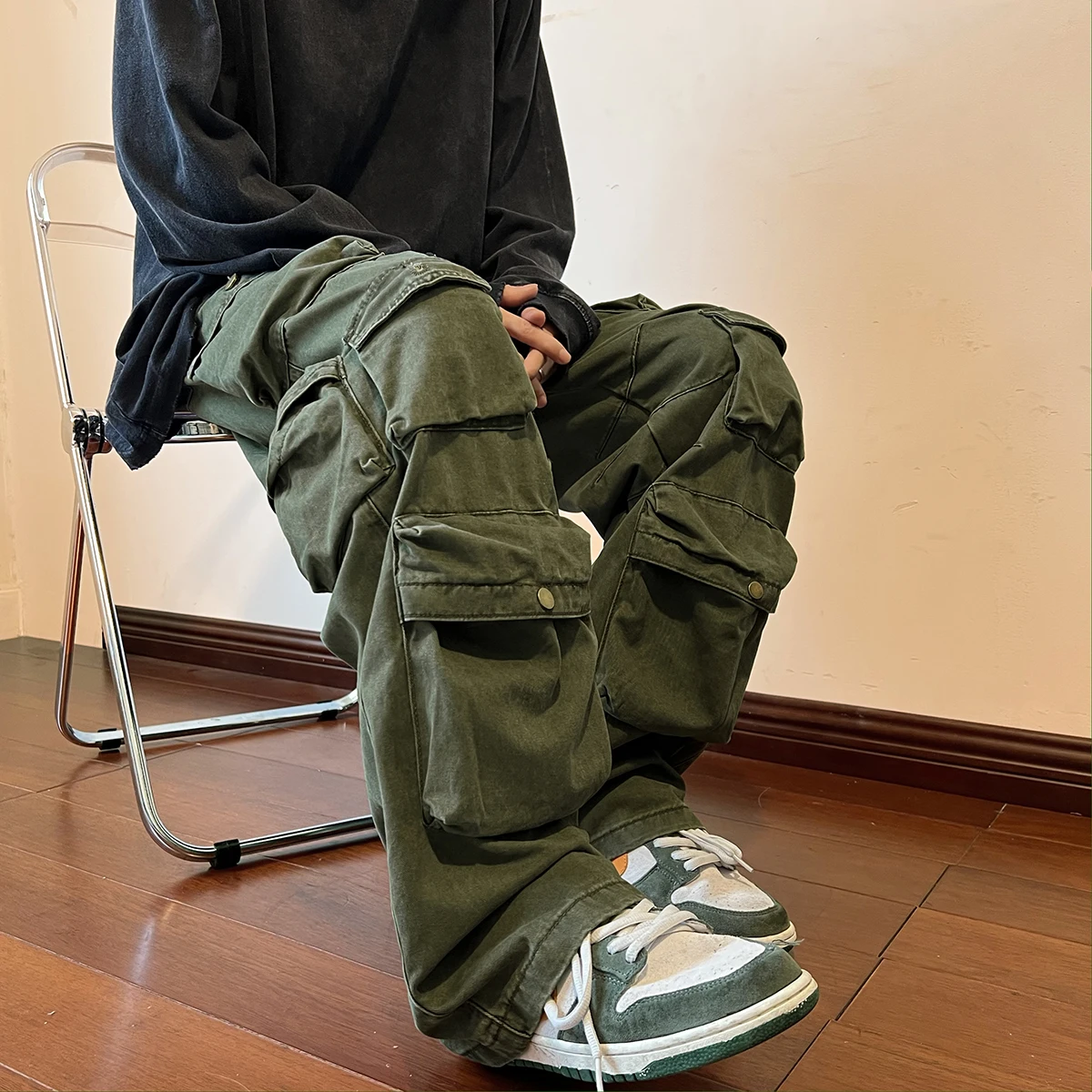

Ami khaki army green overalls Pants high street Men functional multi-pocket design heavy industry Japanese oversize Trousers