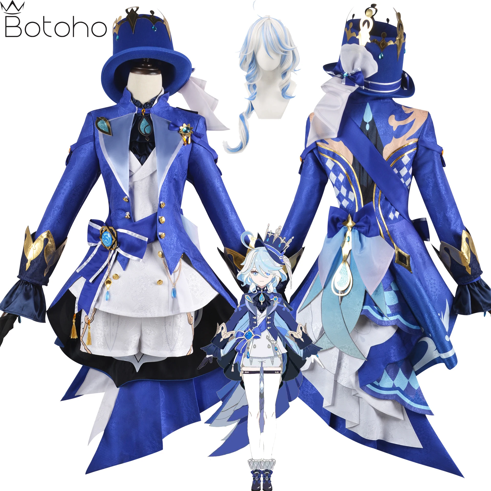 Focalors Cosplay Costume Wig Game Genshin Impact Fontaine God of Justice  Tailcoat Uniform Full Set Halloween Party Funny Dress