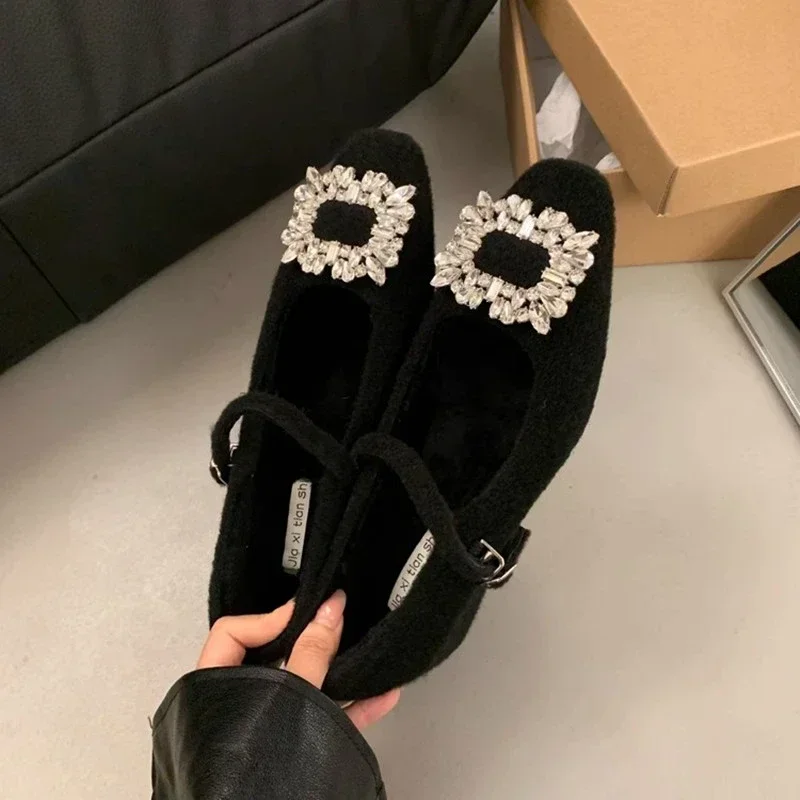 2025Женская хлопковая обувь на толстом каблуке новая зимняя с квадратной головкой