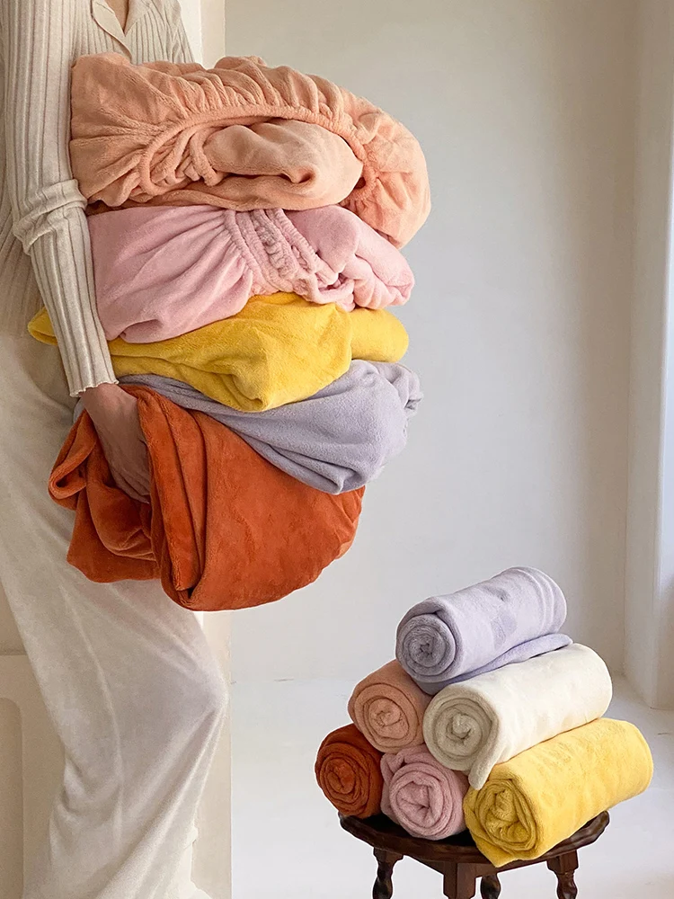 Thick Coral Fleece Bed Sheet One-Piece Milk Fitted Flannel Bedspread Simmons Protective Cover All-Inclusive ...
