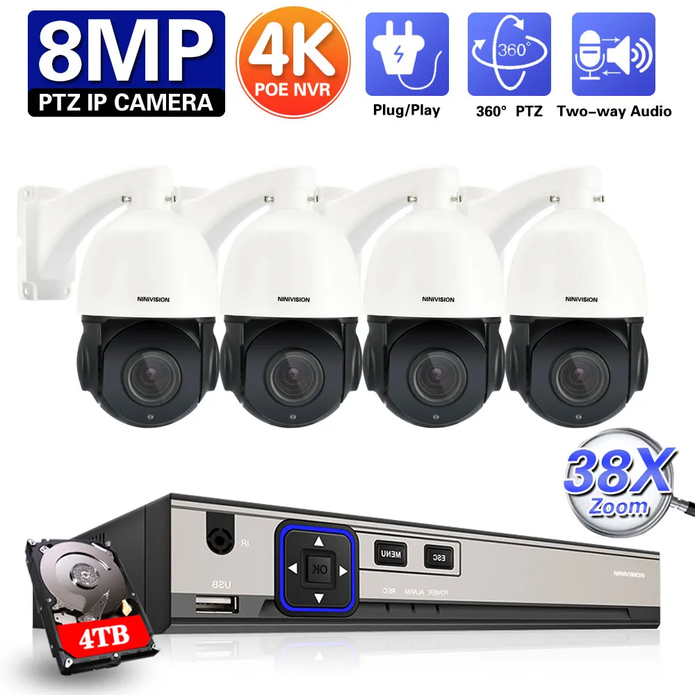 

8CH 4K NVR 8MP 38X Zoom POE Auto Tracking PTZ Camera Kit Humanoid Person Motion Detection IP Camera IR 150M Two Way Audio System