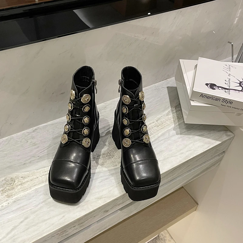 Round Toe Platform Button Cross Elastic Straps Women's Boots Side Zipper Solid Color Black Fashion PU Leather Short Martin Boots