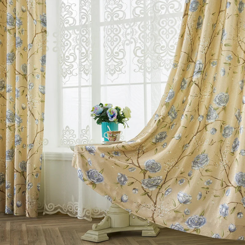 

Peony Printed Embroidery High-precision Curtains for Bedroom Living Room Luxury American Rural Style Curtain Blackout Curtains
