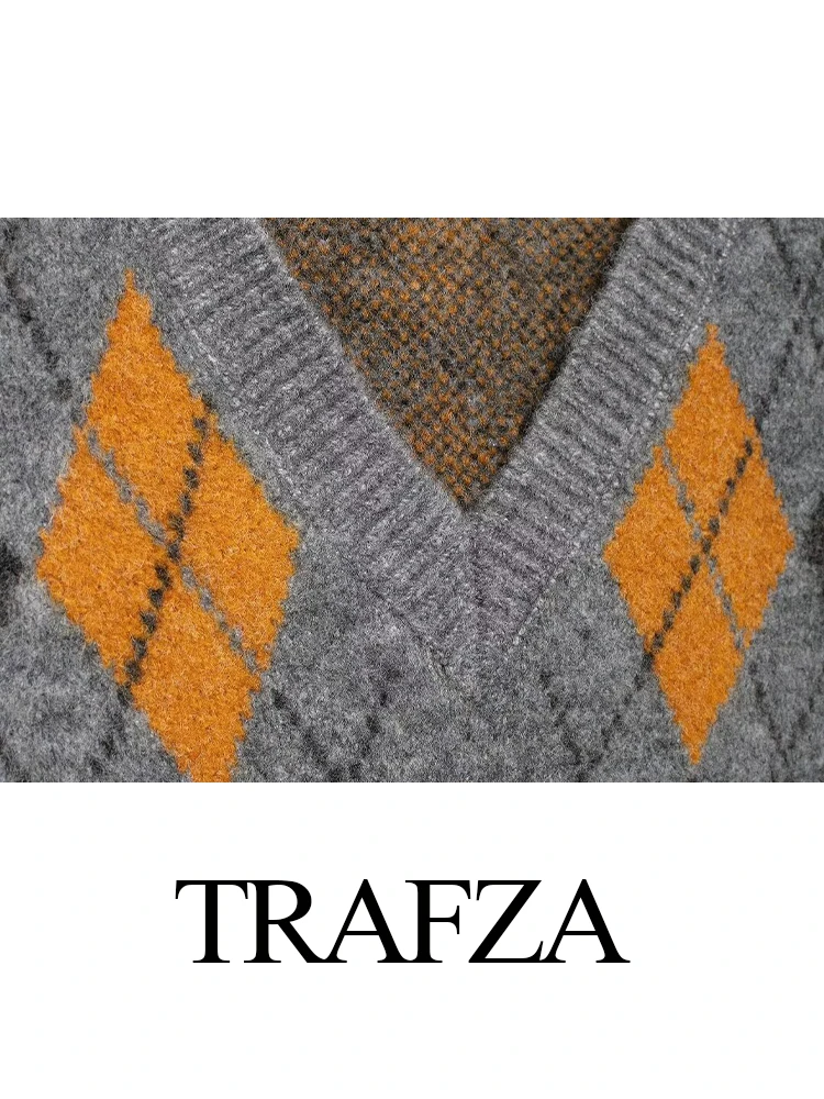 TRAFZA женский новый модный жаккардовый вязаный жилет с v-образным вырезом и