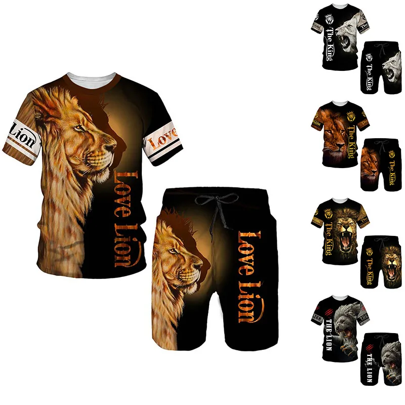 Summer Tracksuit Tiger Lion 3d Printed Short Sleeve T Shirt Shorts 2 Piece Set Oversized Casual Trendy Sportwear Outfits Clothes