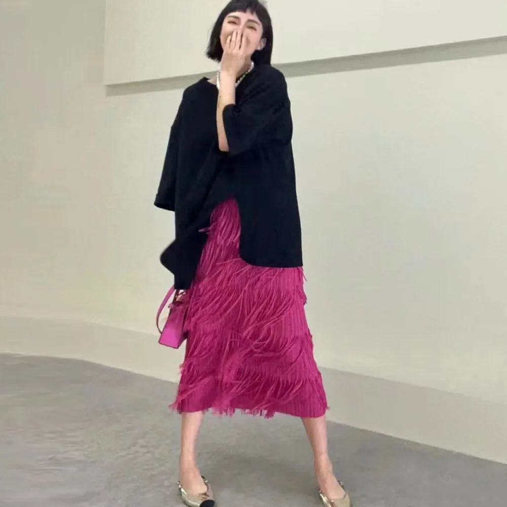 

Pleated 2023 Spring Summer New Hong Kong-style Retro Style Tassel Half-body Skirt Female Temperament Thin Waist Pleated Skirt