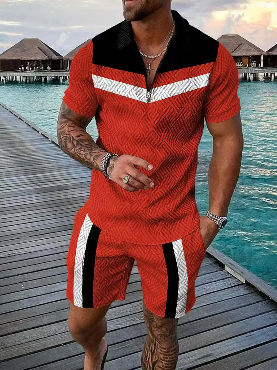 Luxury Tracksuit Man Polo Shirt 2 Piece Outfits Fashion Business Summer Lapel Zipper Short Sleeves Casual Street Pant Suit