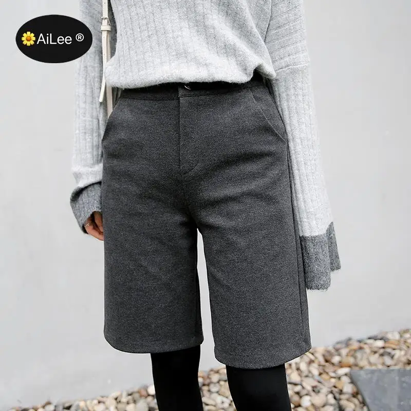 Knee Long Winter Wool Boots Shorts Women Wide Leg Shorts High Waist Pocket Warm Shorts Loose Autumn Wide Leg Casual Bottoms