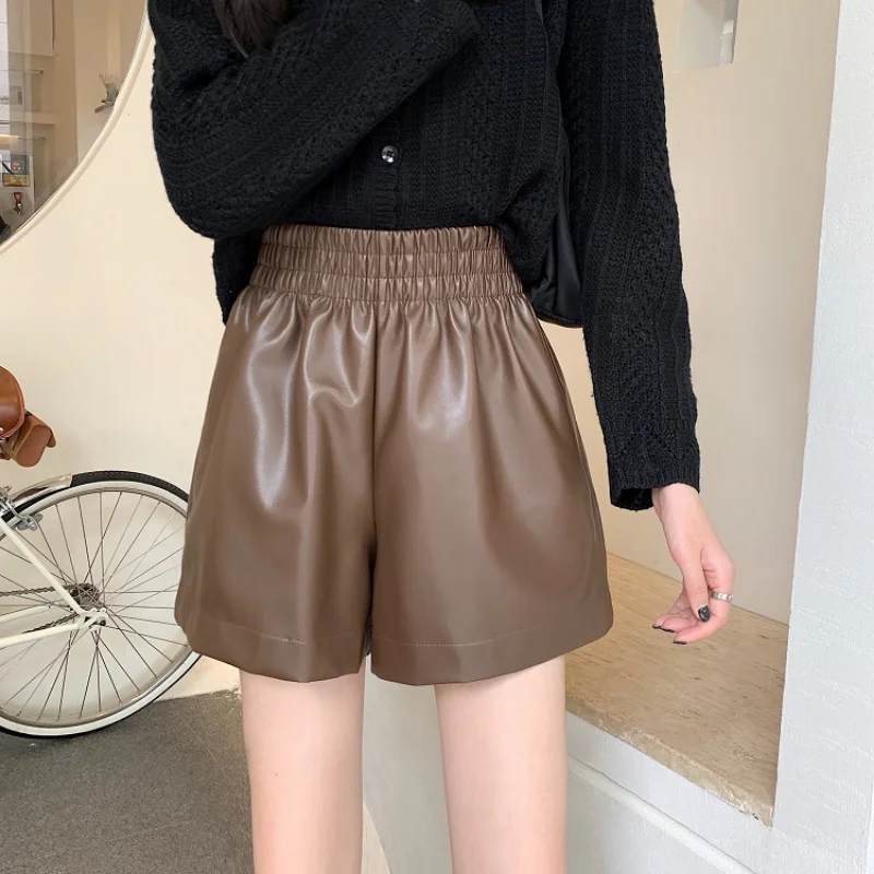 Brown PU Leather Shorts for Women Elastic Waist  A Line Wide Leg Pants Vintage Casual Bottoms Female Korean Style Clothing