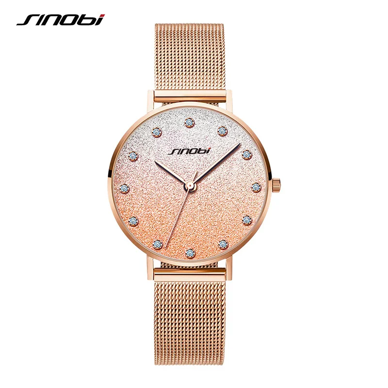 

SINOBI Luxury Golden Women Quartz Watches Stainless Steel Mesh Strap Waterproof Fashion Women Wristwatch Shinning Diamonds Watch